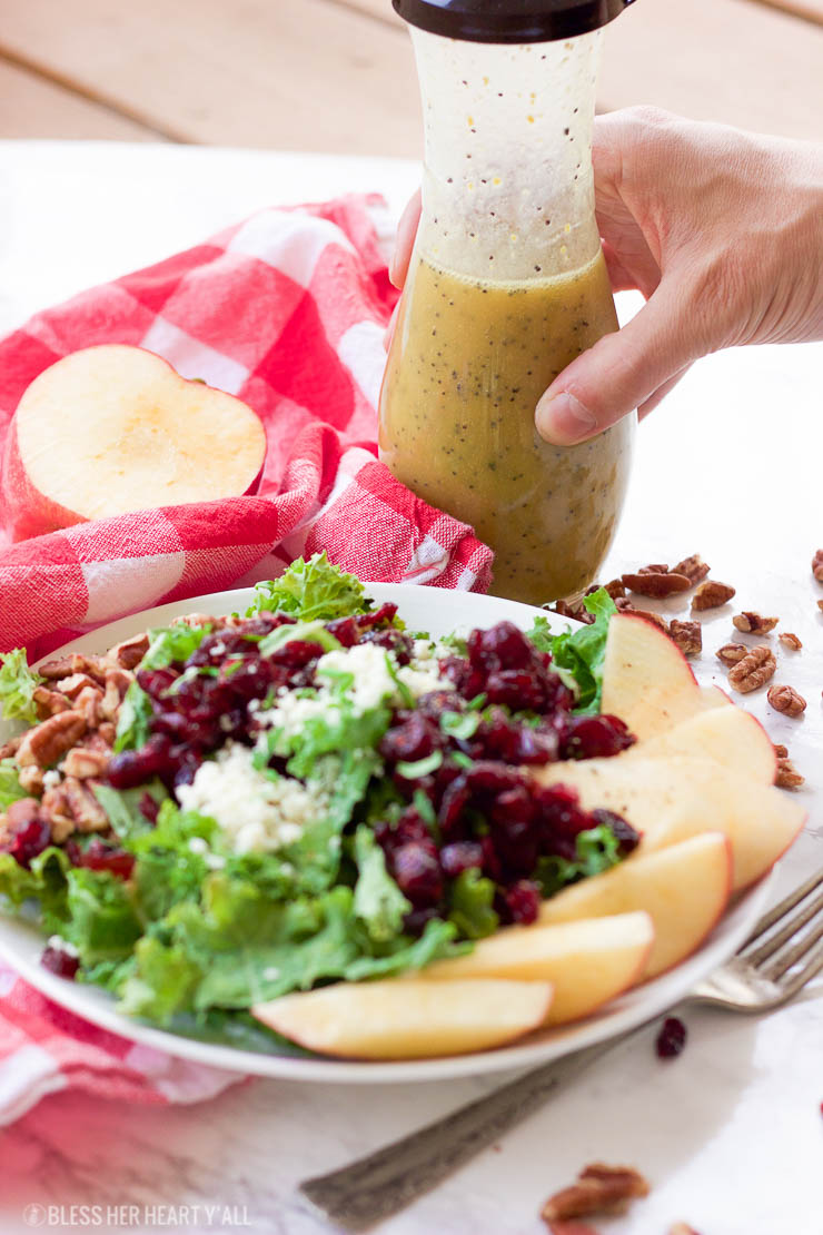 This apple cider poppyseed salad throws the season's best combination of juicy apples, crunchy pecans, sweet cranberries, and savory blue cheese crumbles over a bed of chopped kale and drizzles on a 2-minute apple cider poppyseed vinaigrette. It's big on nutrients and fall flavors and is gluten-free and paleo-friendly! www.blessherheartyall.com