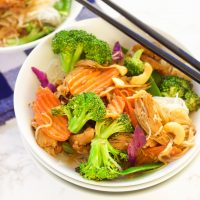 This turkey teriyaki stir-fry is the perfect way to eat up those Thanksgiving turkey leftovers! A healthy dose of stir-fry veggies are mixed in with a simple warm terriyaki glaze and then spooned over al dente rice noodles for a quick and tasty meal!