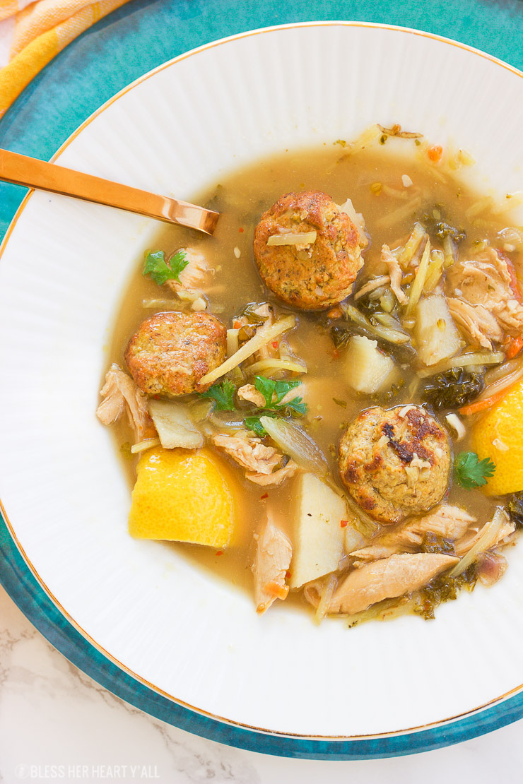 This healthy leftover turkey lemon garlic soup will warm you up with it's hearty savory broth and it's immune-boosting lemon and garlic. It's the perfect excuse to use up those Thanksgiving turkey leftovers and fight off those cool-weather colds! It is also gluten-free, paleo, and dairy-free!