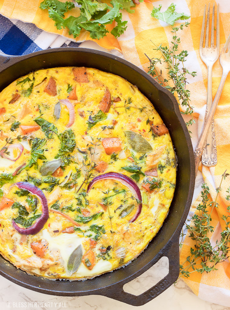 This paleo leftover turkey sweet potato frittata will have everyone waking up extra early for! Rise and shine with this savory and creamy paleo, gluten free, grain free, and dairy free breakfast that everyone will love!