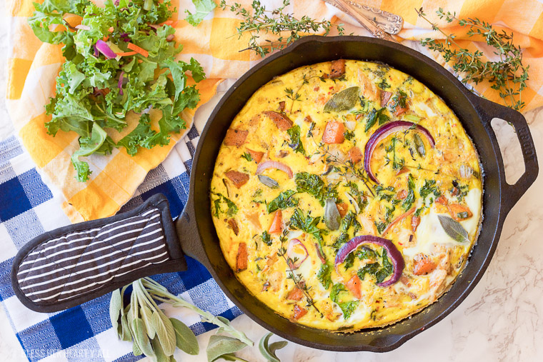 This paleo leftover turkey sweet potato frittata will have everyone waking up extra early for! Rise and shine with this savory and creamy paleo, gluten free, grain free, and dairy free breakfast that everyone will love!