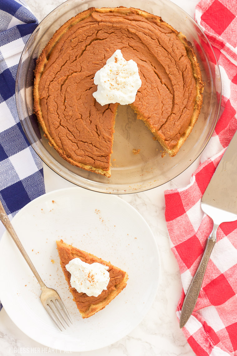 This paleo sweet potato pie is made with simple healthy ingredients and is both decadent and smooth. This southern treat is also gluten free, grain free, and dairy free! Bring on the holidays with this easy recipe y'all! www.blessherheartyall.com
