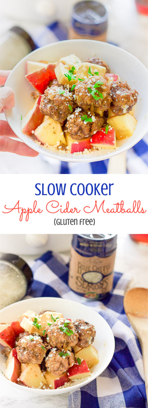 This easy slow cooker apple cider meatballs recipe dunks fresh meatballs and juicy apple slices in apple cider, garlic, and blue cheese crumbles for a delicious fall spin.  Bring them to a fall party and they will be gone in seconds! www.BlessHerHeartYall.com
