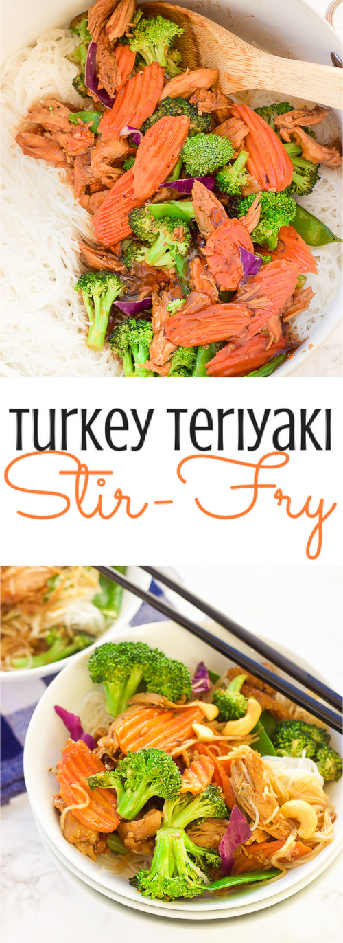 This turkey teriyaki stir-fry is the perfect way to eat up those Thanksgiving turkey leftovers!  A healthy dose of stir-fry veggies are mixed in with a simple warm terriyaki glaze and then spooned over al dente rice noodles for a quick and tasty meal!