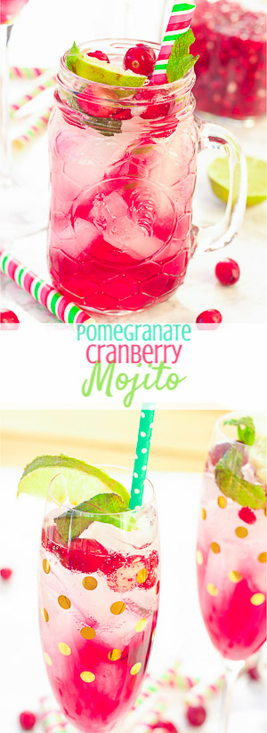This pomegranate cranberry mojito recipe tastes just as it looks - juicy, sweet, refreshing, and light!  With only a few simple ingredients, these cocktails are perfect for your winter holiday parties and for ringing in the new year!