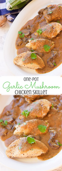 This one-pot garlic mushroom chicken skillet cooks juicy chicken breasts and uses the drippings to make a quick creamy garlic mushroom gravy.  The thick savory sauce brings out a cozy warm flavor to this comfort food, perfect for when you only have 20 minutes to spare!