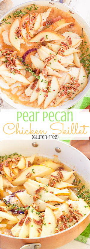 This pear pecan chicken skillet roasts juicy chicken breasts in a sweet and savory honey and thyme sauce, topped to perfection with roasted pears and chopped pecans.  This is one easy weeknight recipe you can't pass up!