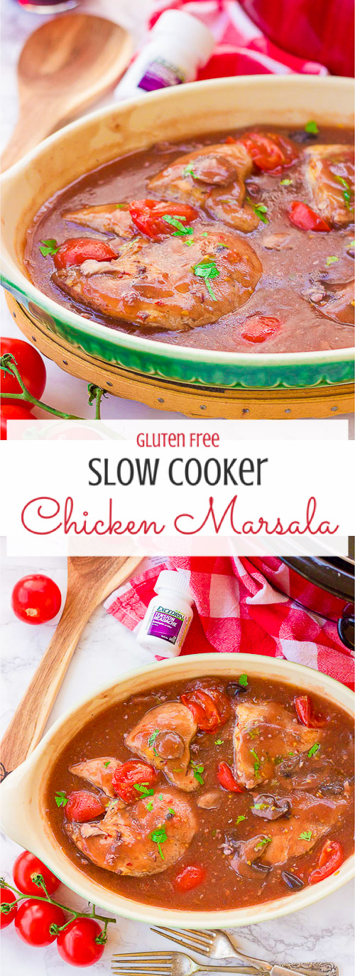 Slow Cooker Gluten-Free Chicken Marsala | This slow cooker gluten-free chicken marsala recipe is a no-brainer, no-stress recipe for those busy hectic weeknights.  This incredibly easy dinner slowly cooks juicy chicken in a thick mushroom and marsala sauce all in the crockpot.  All you need to do is put all the ingredients in the slow cooker and turn it on.  Waiting is the hardest part!  |  www.blessherheartyall.com