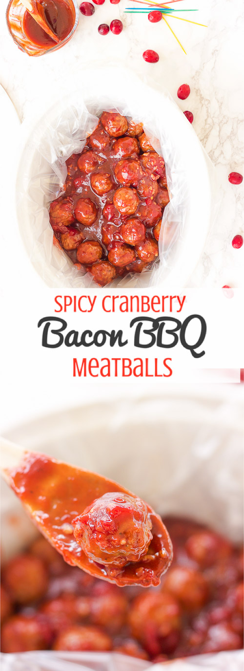 These gluten free spicy cranberry bacon bbq meatballs are the ultimate in sticky finger foods just in time for the holidays! A quick homemade cranberry sauce is melted and smothered into barbecue sauce and hot spices for the perfect sweet and spicy no-fuss pop-able party bites!