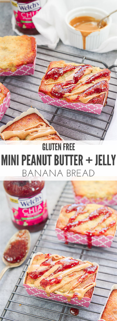Moist gluten free mini peanut butter + jelly banana bread loaves are generously drizzled with Welch's Chia Strawberry Fruit Spread and all natural peanut butter for the perfect individualized breakfast!