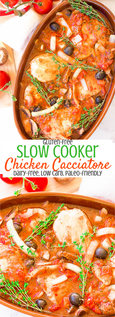 This gluten free slow cooker chicken cacciatore is a healthy dish that is prepped in under 10 minutes and slowly simmers all day in it's fragrant italian-inspired juices, filling your home with it's sweet garlicky and thyme aromas. It also has paleo and dairy-free options. This is the hearty, warm, juicy all-in-one meal that you've been waiting for! 