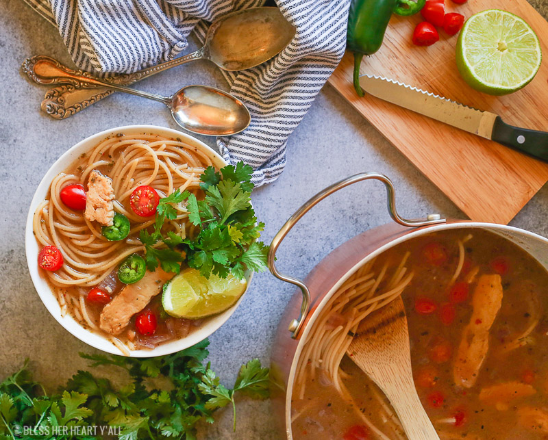 This healthy one pot mexican chicken noodle soup combines the comfort of homemade chicken noodle soup with your favorite mexican flavors to bring out a fiesta in every spoonful. It's a quick gluten-free, noodle-y, addictive meal!
