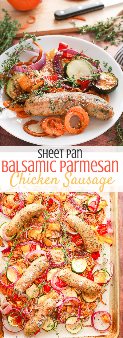 This sheet pan balsamic parmesan chicken sausage dinner is as easy to prepare as it is warm and savory. Healthy vegetables and gluten free chicken sausages are drizzled in a sweet and savory balsamic parmesan sauce then roasted to juicy perfection. The fanciest sausages you'll ever eat are easier than you think to make!
