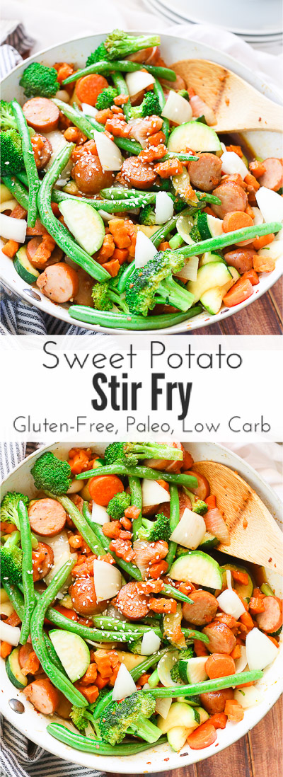 Sweet potato stir fry with chicken sausage slices are combined with fresh vegetables and a simple sweet and savory paleo stir fry sauce for one epically healthy 30 minute meal your family will ask for time and time again.  It’s gluten free, paleo, and low carb too
