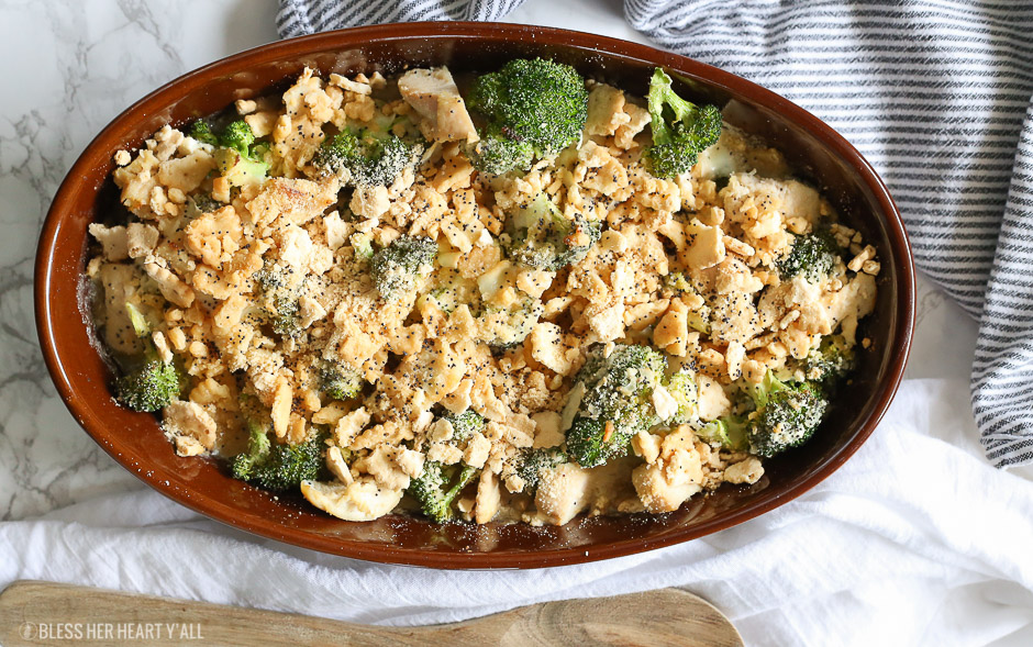 A skinny gluten free chicken poppy seed casserole that combines juicy chicken and fresh broccoli pieces in a homemade healthy poppyseed cream sauce, topped with butter toasted cracker crumbles, and baked to golden perfection in 15 minutes!