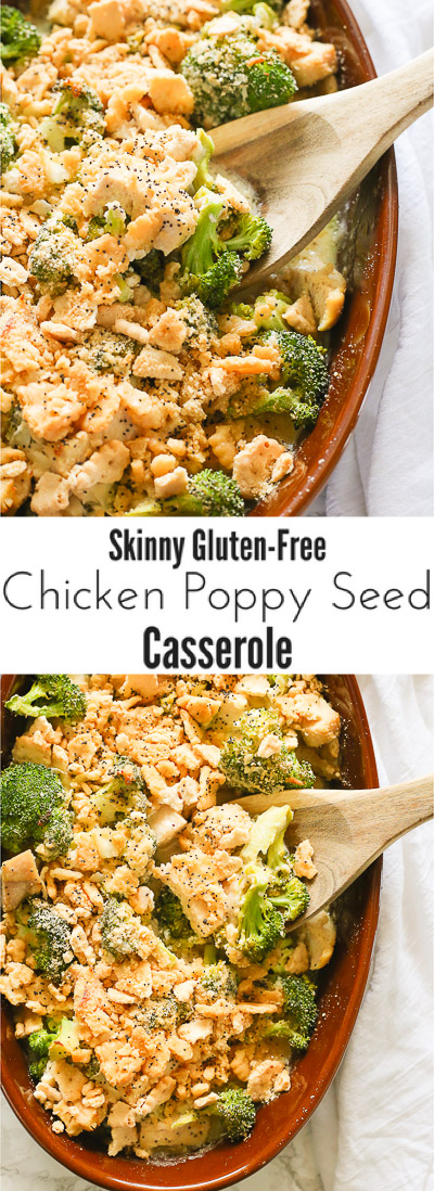 A skinny gluten free chicken poppy seed casserole that combines juicy chicken and fresh broccoli pieces in a homemade healthy poppyseed cream sauce, topped with butter toasted cracker crumbles, and baked to golden perfection in 15 minutes!