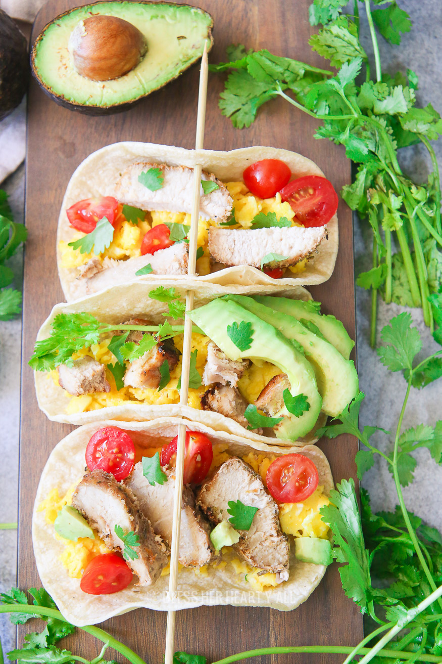 Easy and fresh pork breakfast tacos are a simple and healthy option to make for a filling gluten free breakfast that the whole family will love! 
