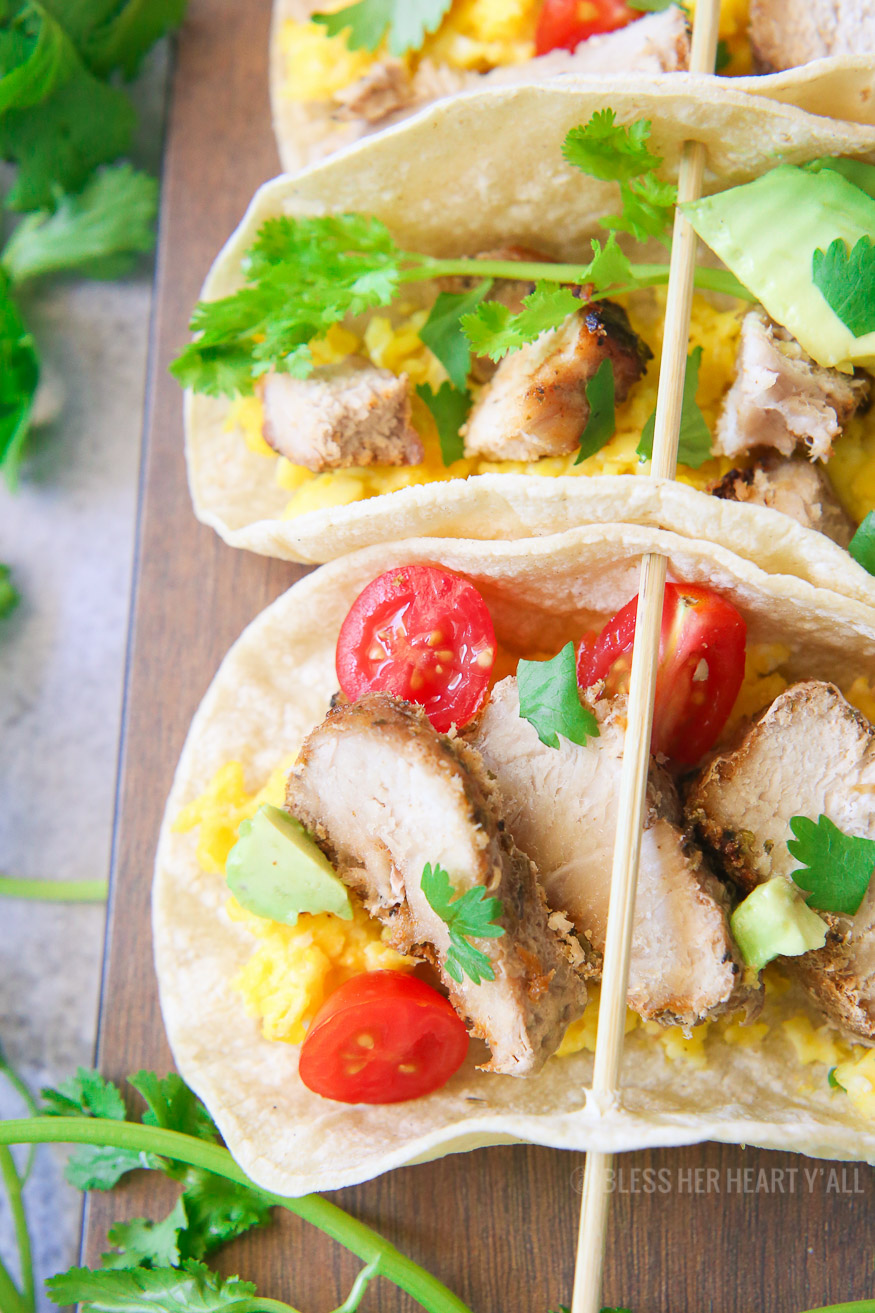 Easy and fresh pork breakfast tacos are a simple and healthy option to make for a filling gluten free breakfast that the whole family will love!