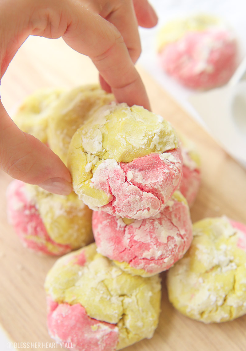 This strawberry lemonade cookie recipe combines zesty lemon flavors with sweet strawberry hints in a soft and fluffy crinkle cookie! These moist gluten free cookies are a great little snack or dessert all summer long! image 5