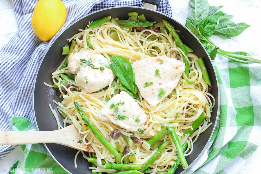 This chicken pasta in garlic basil butter sauce recipe makes for an easy gluten free dinner for busy weeknights. Pasta and chicken is tossed with the vegetables you already have in your kitchen and drizzled in a sizzling light and creamy garlic butter sauce with extra hints of basil and lemon! image 2