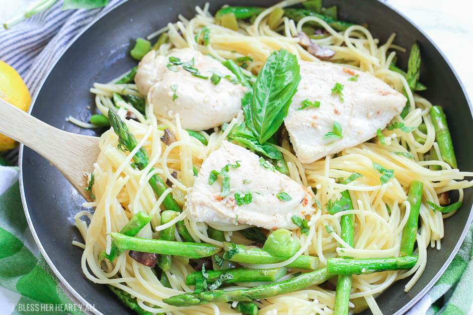 This chicken pasta in garlic basil butter sauce recipe makes for an easy gluten free dinner for busy weeknights. Pasta and chicken is tossed with the vegetables you already have in your kitchen and drizzled in a sizzling light and creamy garlic butter sauce with extra hints of basil and lemon! image 1