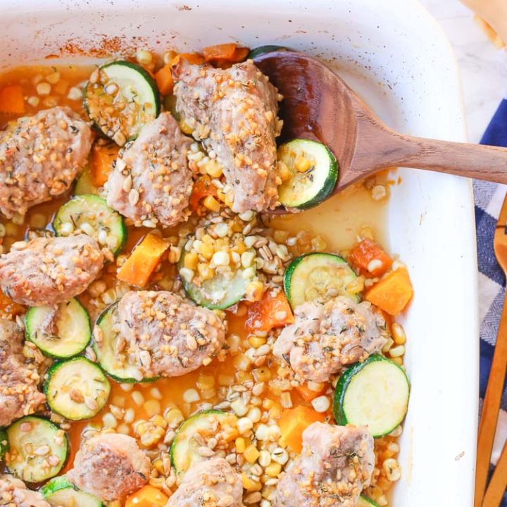 Roasted honey garlic autumn pork and vegetables is a quick and easy weeknight dinner meal prepared in about 30 minutes with real flavor real fast! Honey garlic sauce is drizzled over seasonal vegetables and juicy pork medallions!