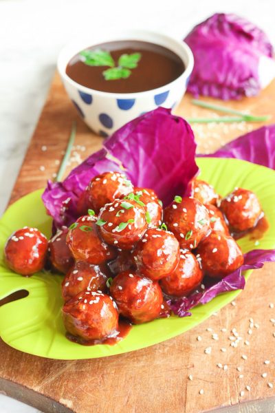 asian chicken zing meatballs on lime green plate