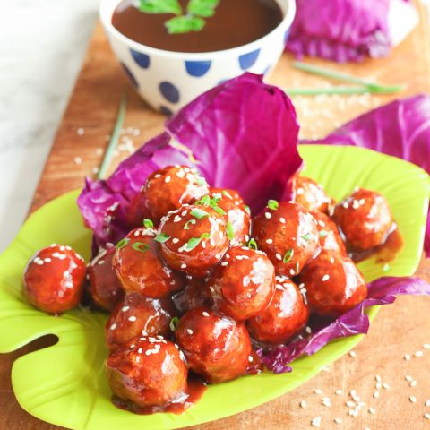 asian chicken zing meatballs on lime green plate