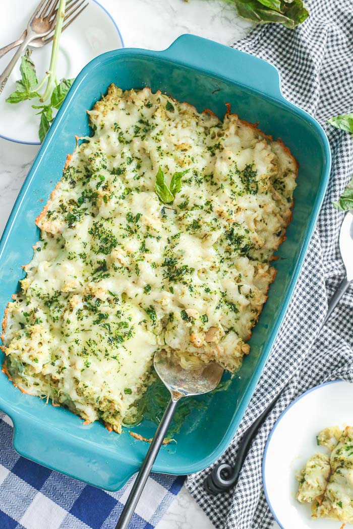 Pesto Chicken Spaghetti Squash Bake - Gluten Free & Low Carb!