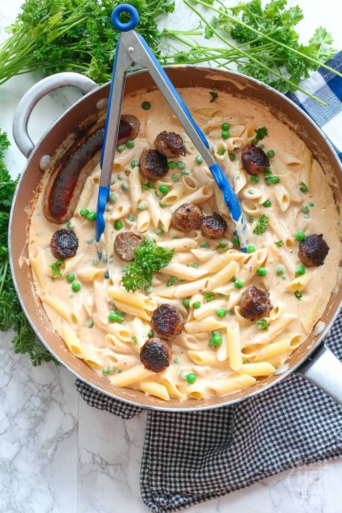 Easy Bratwurst Pasta: The Adult Version of Mac n' Cheese with Hot Dogs!