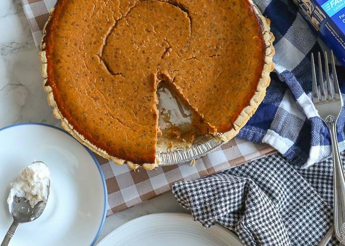 gluten-free pumpkin pie overhead table shot